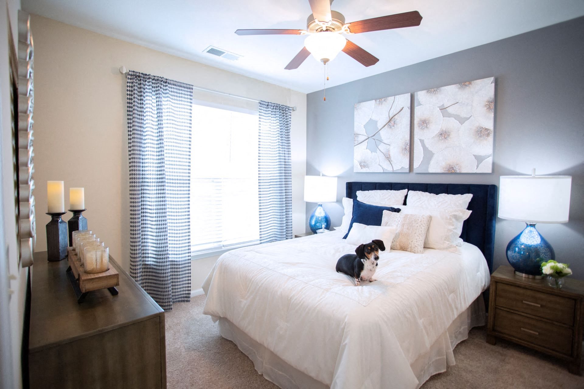Interiors Berkshire Fort Mill bedroom with ceiling fan pet friendly